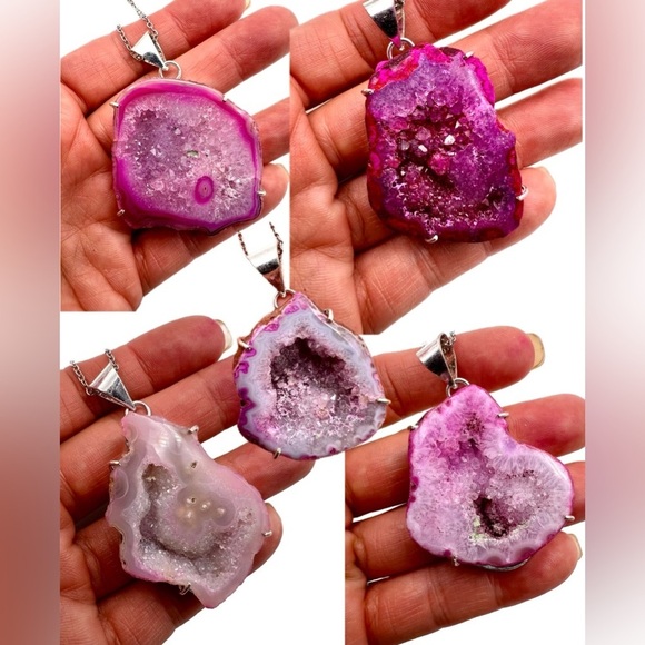 925 You Choose! Micro Quartz Crystal Pink Geode Necklace Pendant - Picture 6 of 10